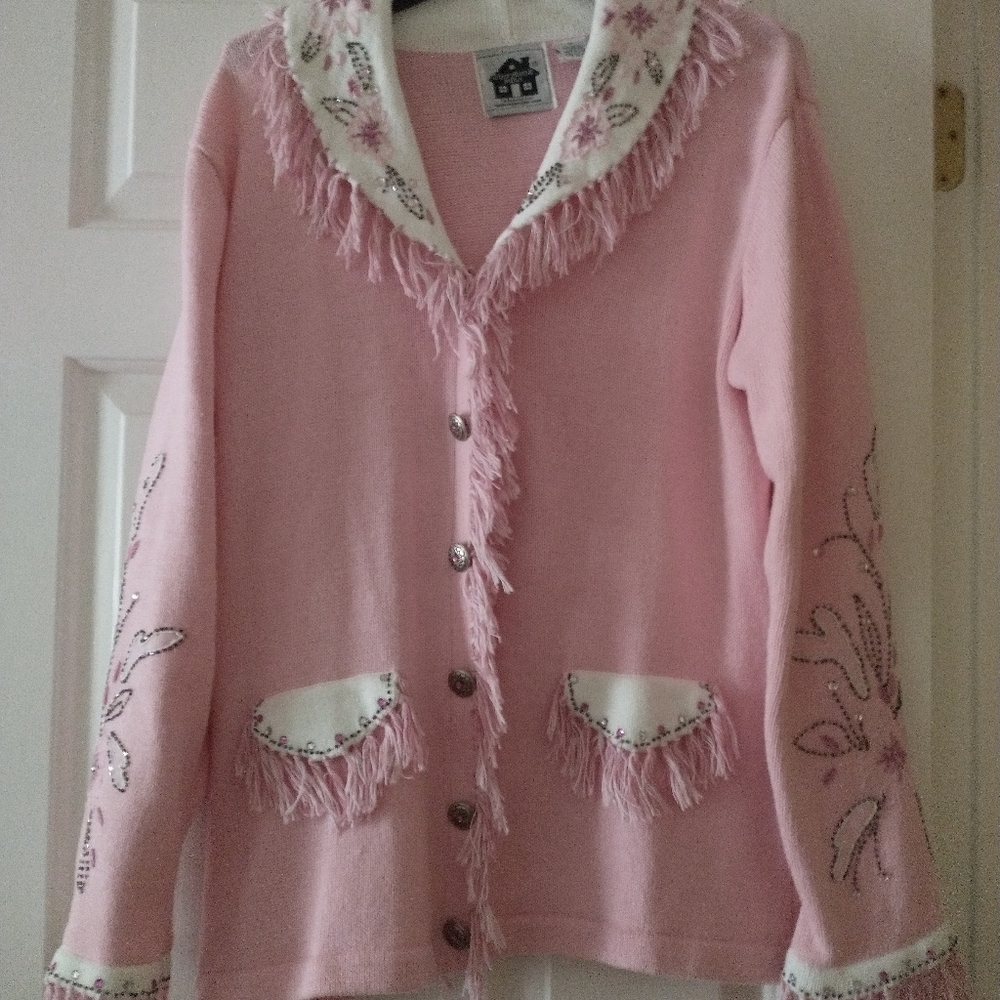 Storybook Knits Ladies Pink and White Embellished and Embroidery Medium Sweater